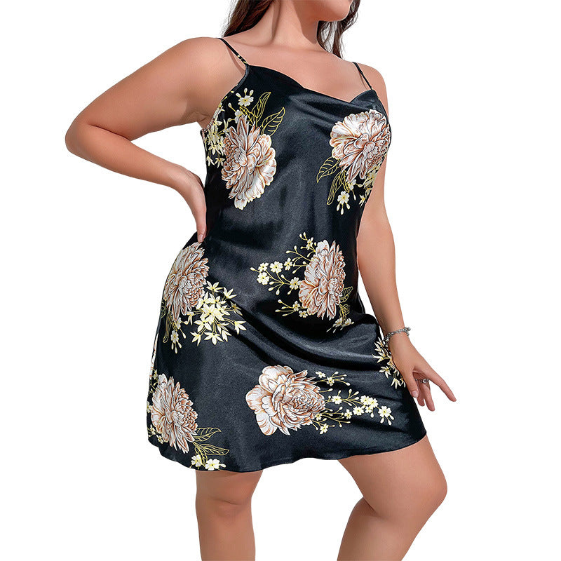 DNL printed large size ice silk pajamas loose artificial silk silk nightdress suit
