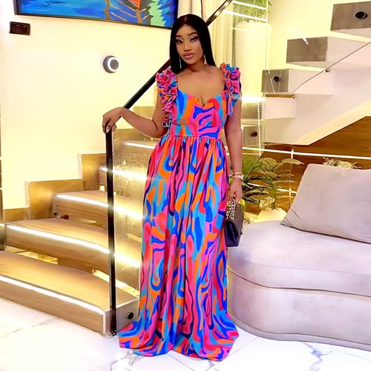 XYZ C7512 elegant ruffled shoulder strap printed dress