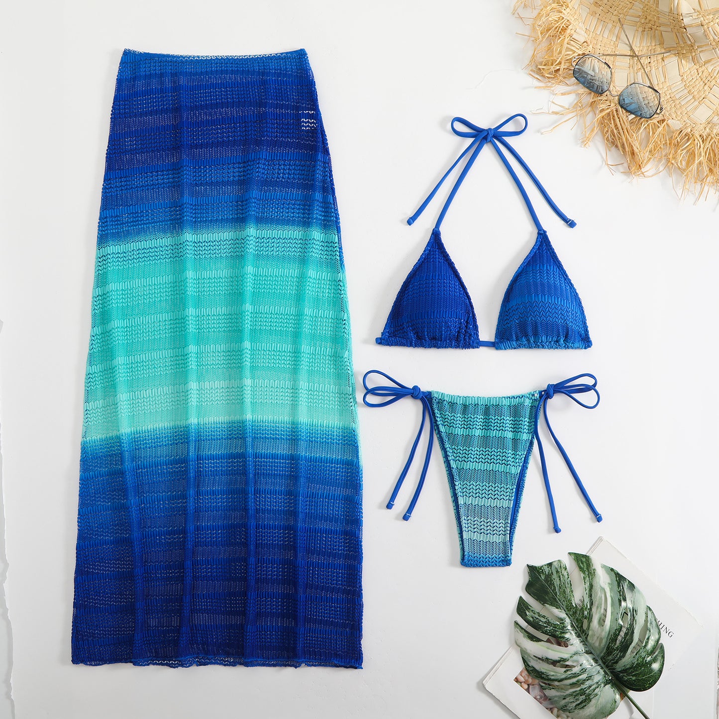 (4 days ready to ship) SY gradient mesh three-piece beach dress bikini