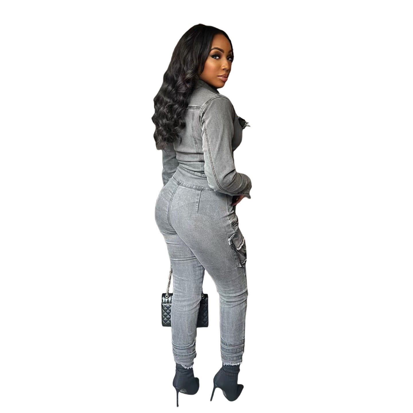 MZ (S-2XL) Denim lace-up MZ88601 women's stretch slim belt jumpsuit