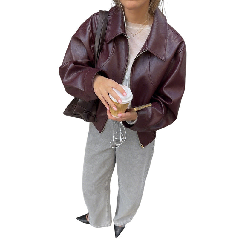 SXR fall and winter lapels zipper solid color casual poly urethane leather stitching long sleeve jacket