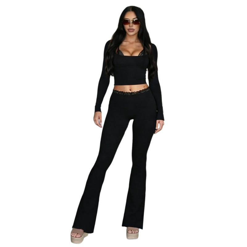 SXR spring slim-fitting sexy midriff-baring top lace trim bootcut pants suit