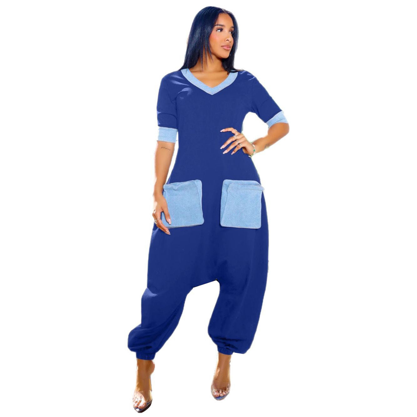 GY (S-3XL) K3600 V-Neck Denim stitching contrast color loose jumpsuit