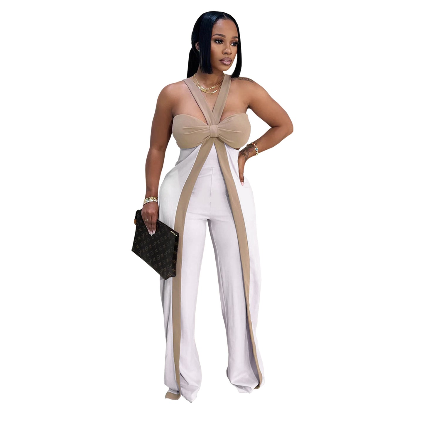XYZ C7539 shoulder strap tube top casual wide leg jumpsuit
