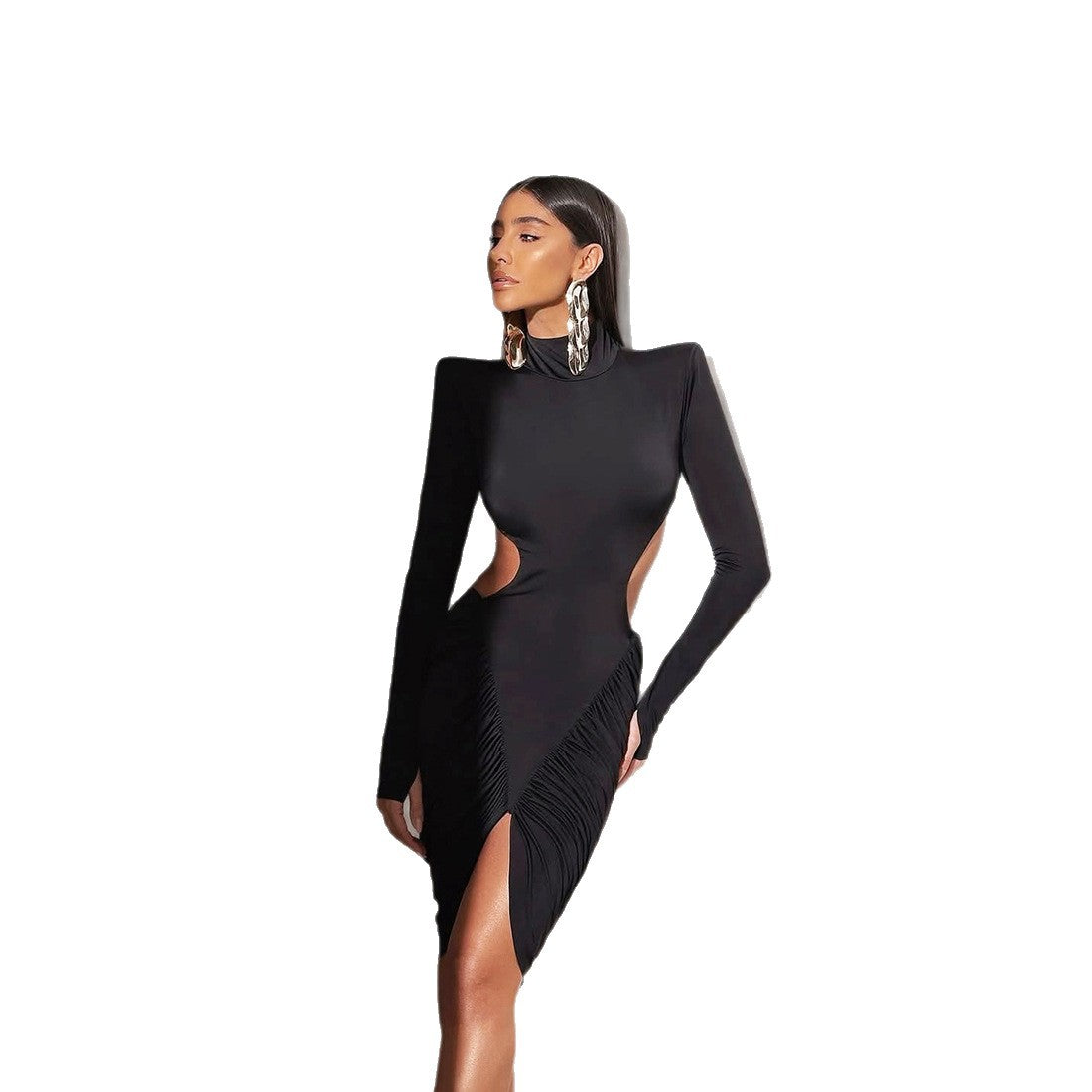 SXR autumn turtleneck backless ruffle hip short skirt fashion long sleeve dress