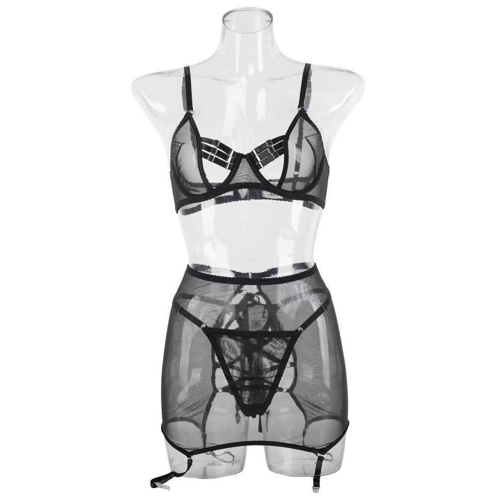 Mesh complex waist of trousers skirt Garter buckle sexy lingerie with steel ring three-piece set 1601
