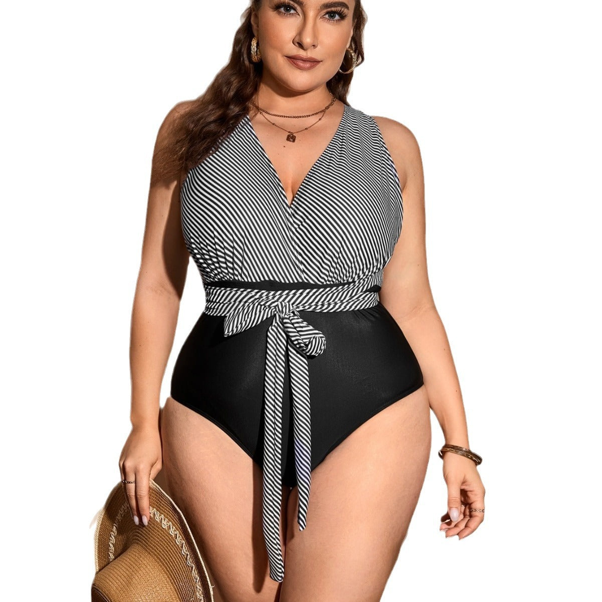 LF (L-4XL) bikini sexy suit one-piece black striped plus size swimsuit