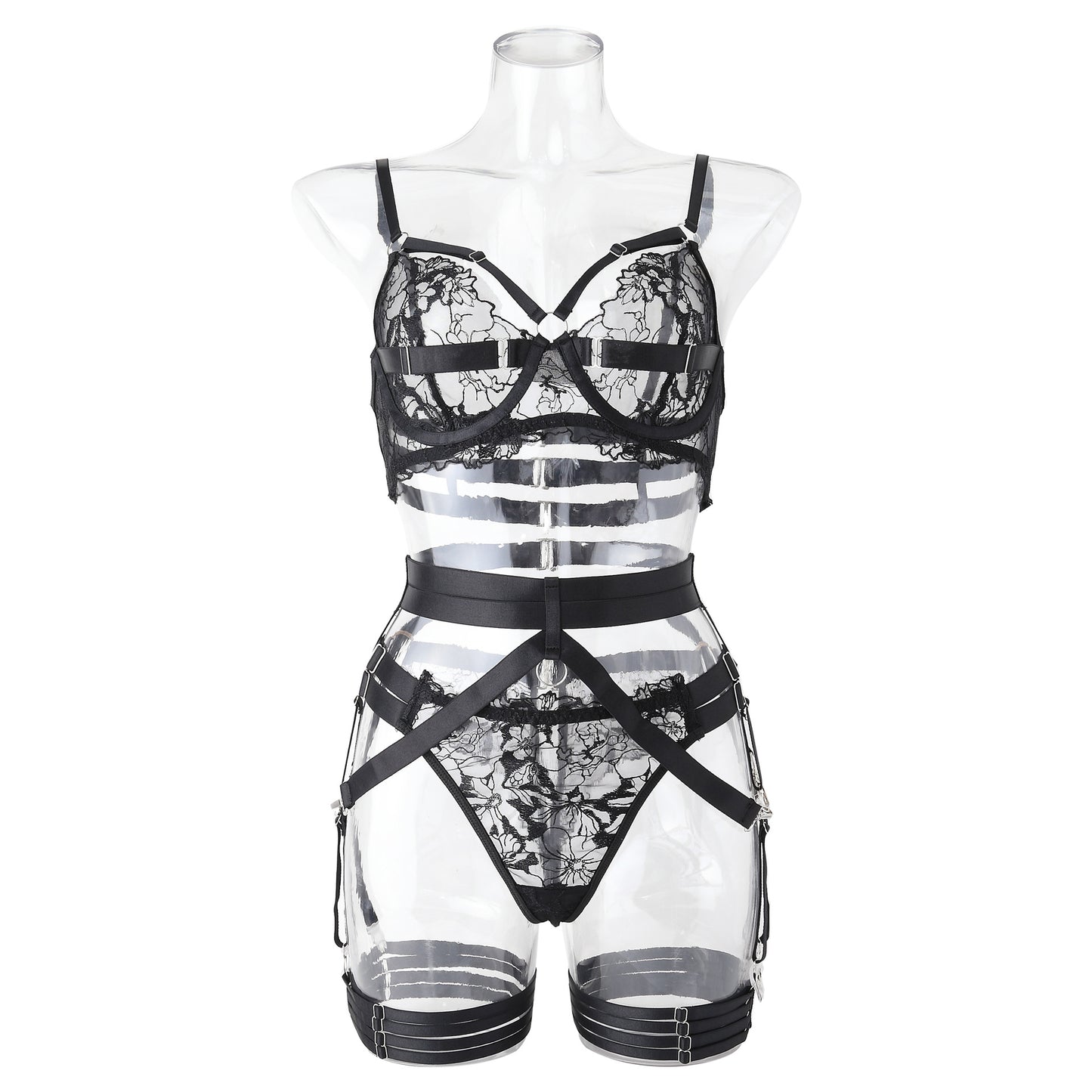 Black lace stitching see-through sexy lingerie bra set