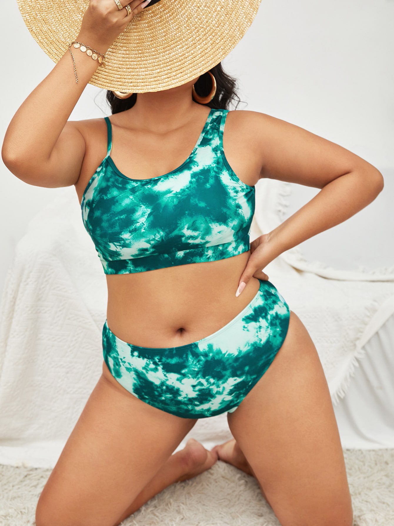 LF (L-4XL) women's split color printing swimsuit plus size