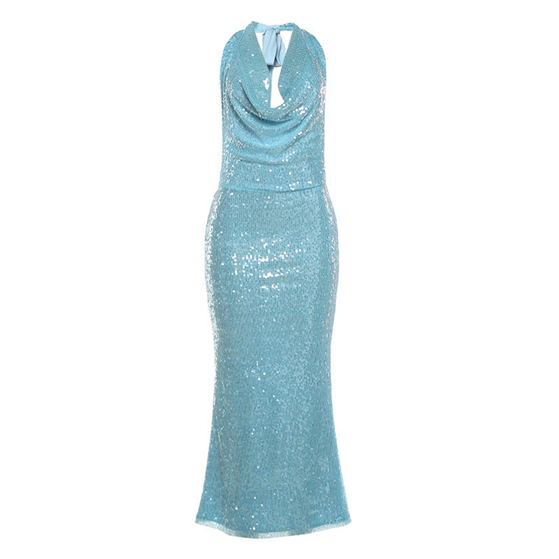 SXR winter sequined swing collar backless halter self-tie slit dress
