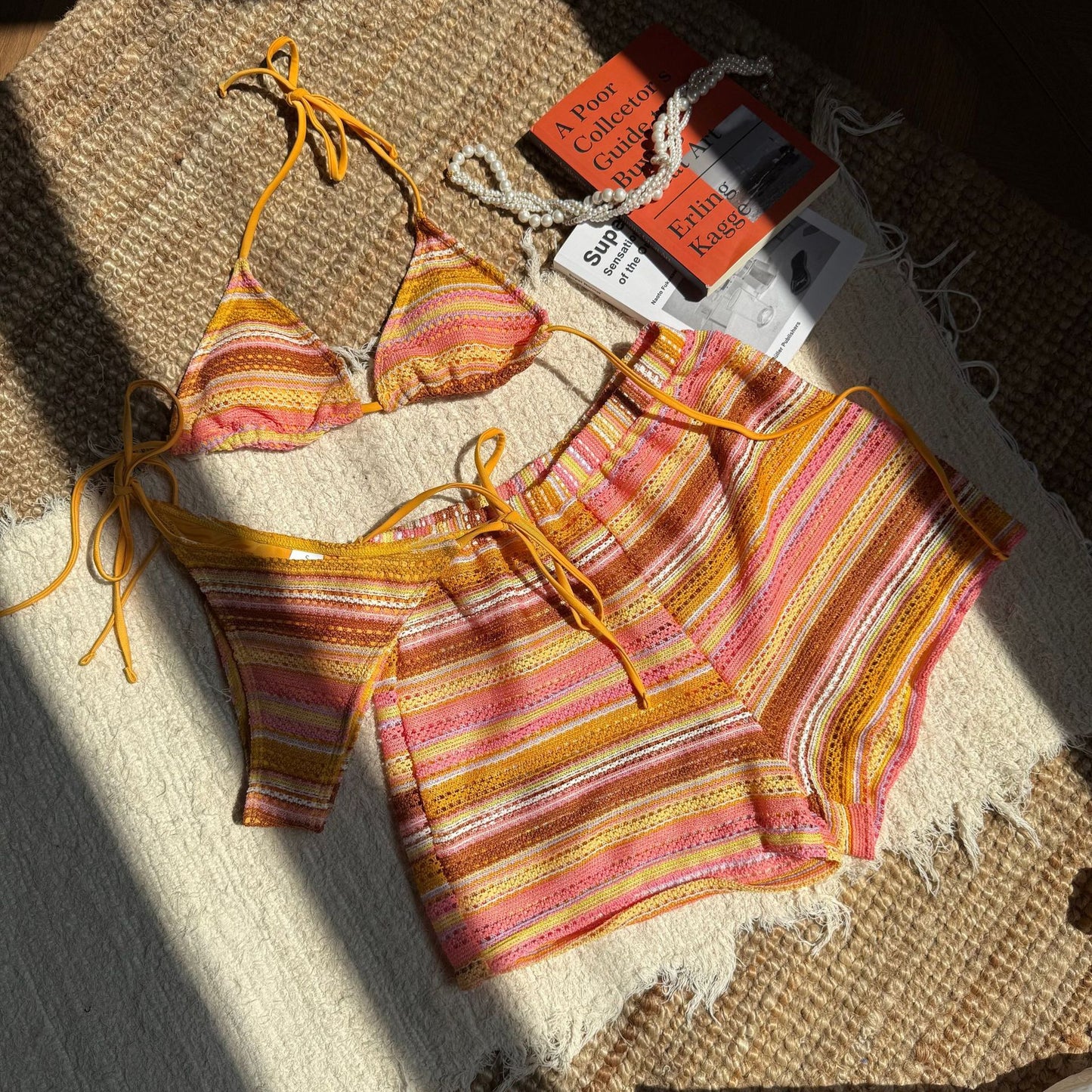 (4 days ready to ship) SY halter bikini knitted contrast color beach shorts three-piece set