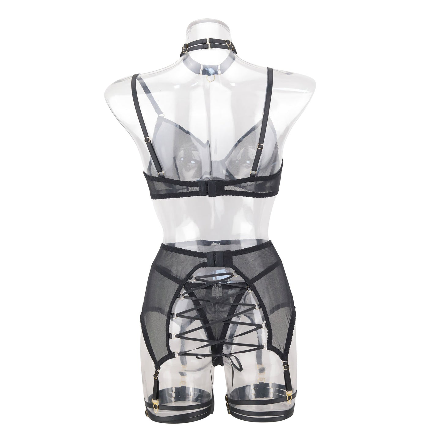 Red mesh see-through Garter steel ring sexy lingerie three-piece set body shaping two-piece suits