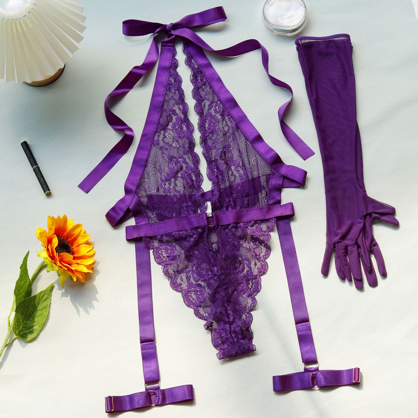 Dnika purple lace jumpsuit deep V-neck halter shapewear with garter sexy lingerie