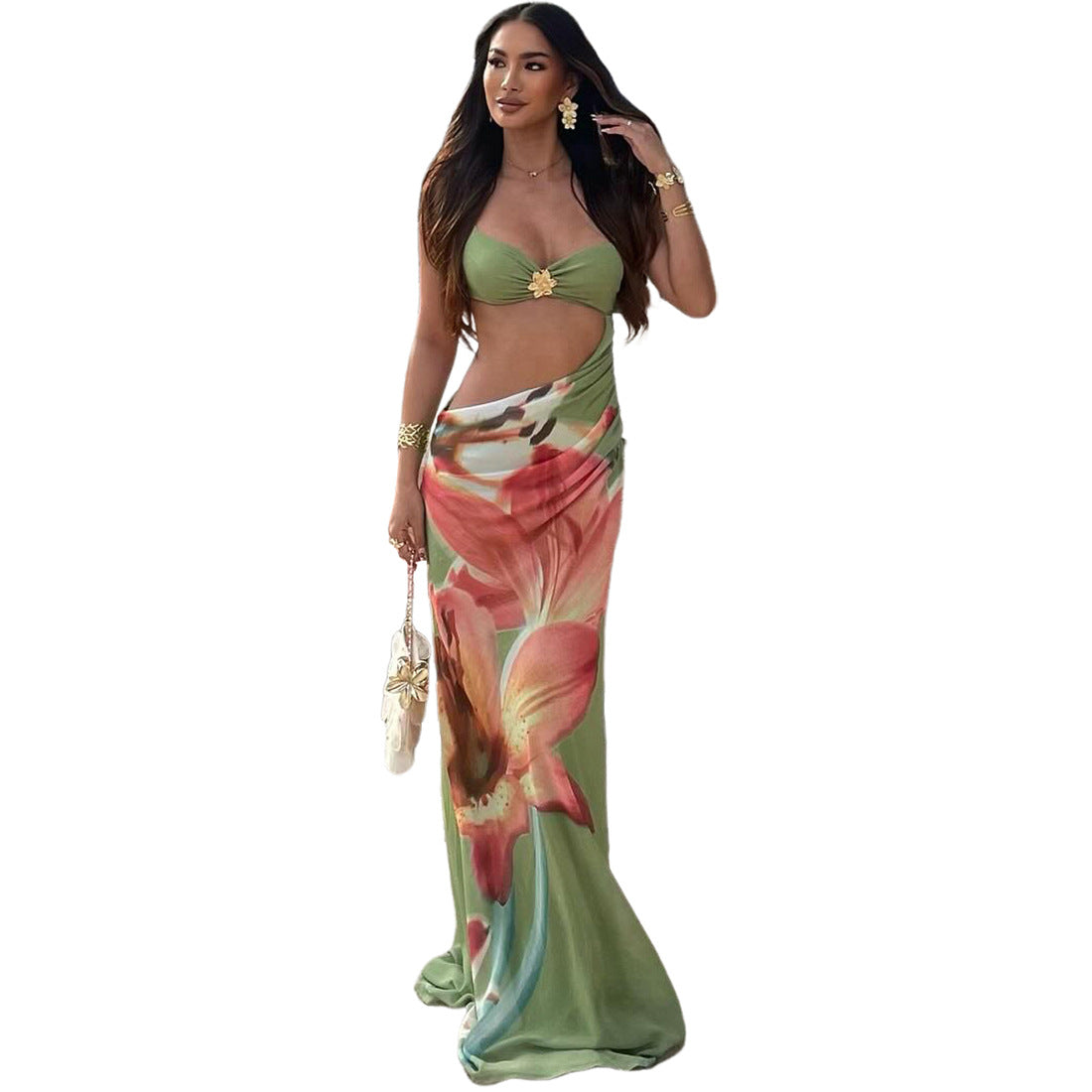 SXR 2026 spring vacation style navel wrapped chest spaghetti-strap floral print dress