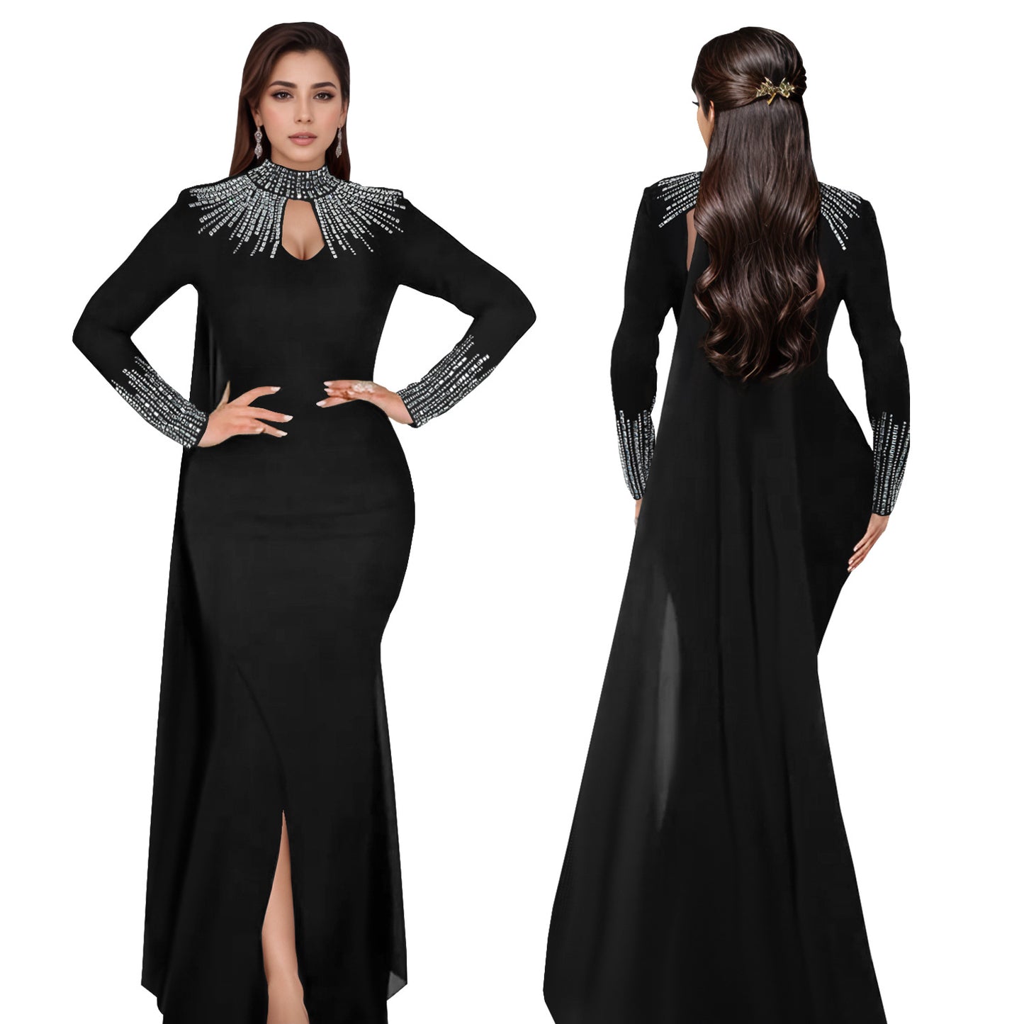 XYZ C7381 elegant see-through rhinestone long sleeve tight dress