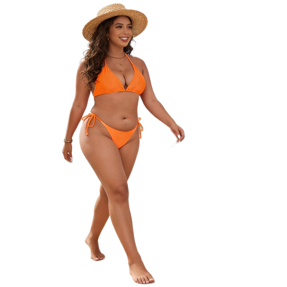 CL (L-4XL) sexy mesh three-piece split printed halter large size swimsuit