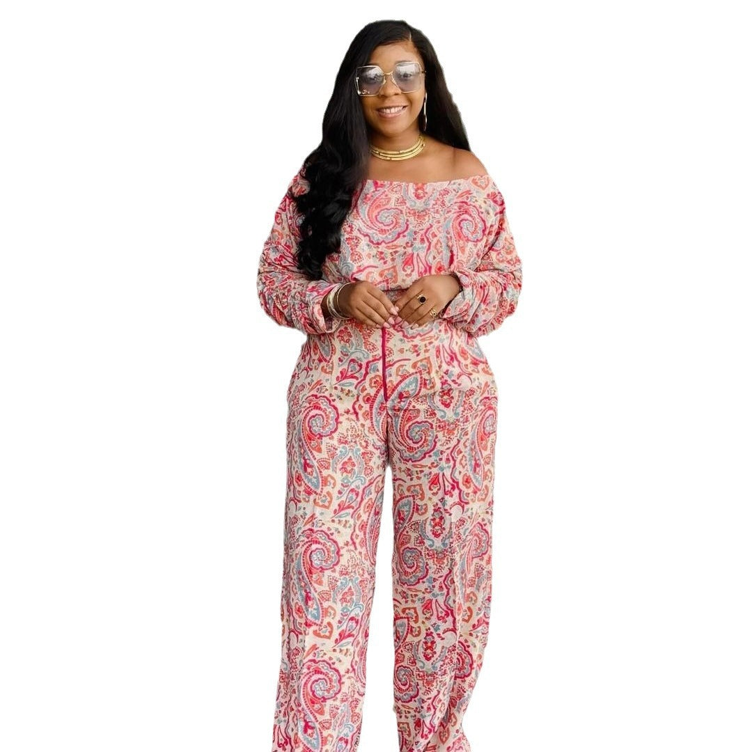 GY (S-3XL) S10711 loose off-the-shoulder elastic pleated long sleeve wide leg suit