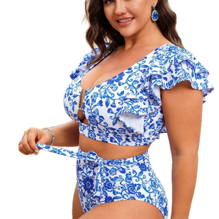 CL (L-4XL) plus size swimsuit women's blue and white porcelain printed split bikini two-piece set