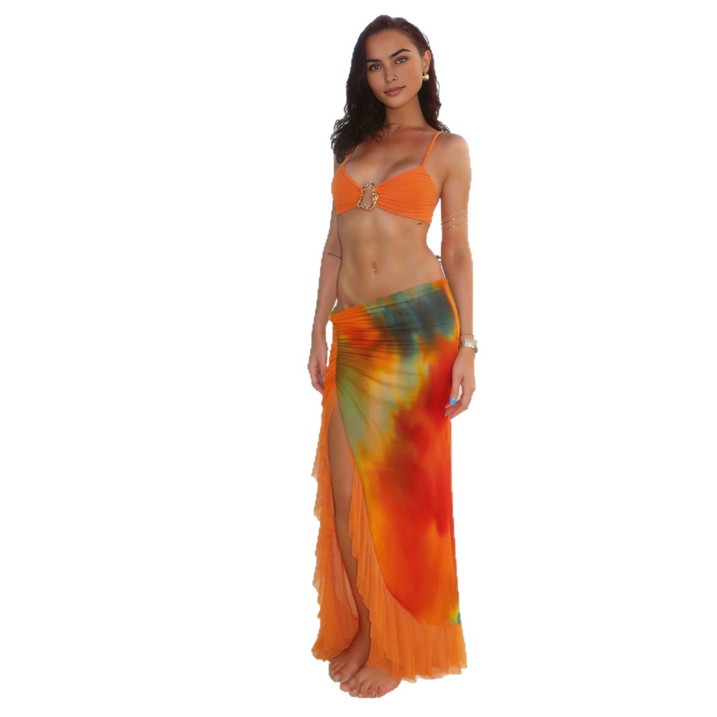 SXR spring vacation sexy halter wrapped chest split ruffled long skirt suit