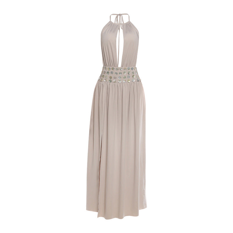 SXR 2026 spring sexy deep V cropped waist slit halter dress