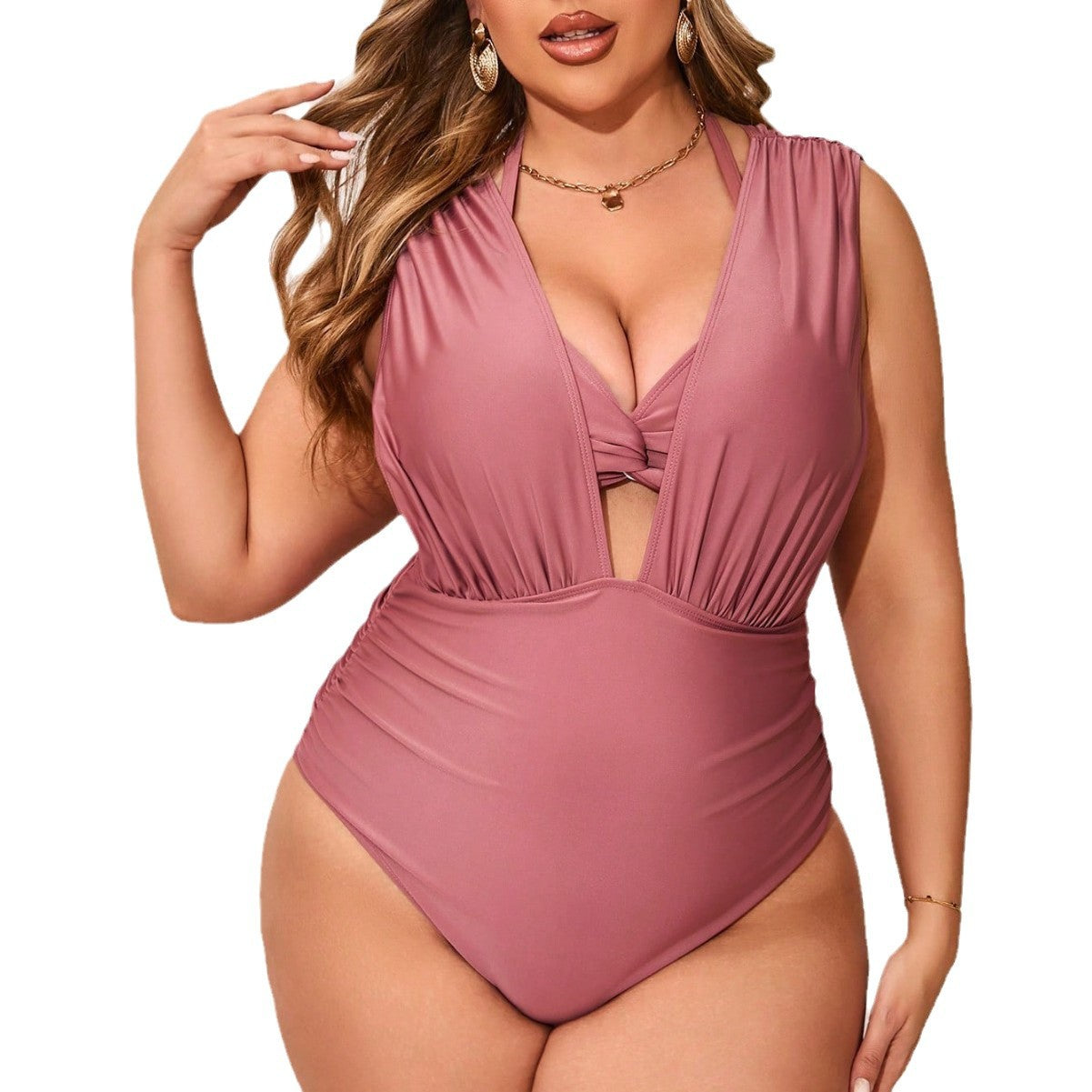 LF (L-4XL) 2026 plus size swimsuit high elastic polyester solid color two-piece suit