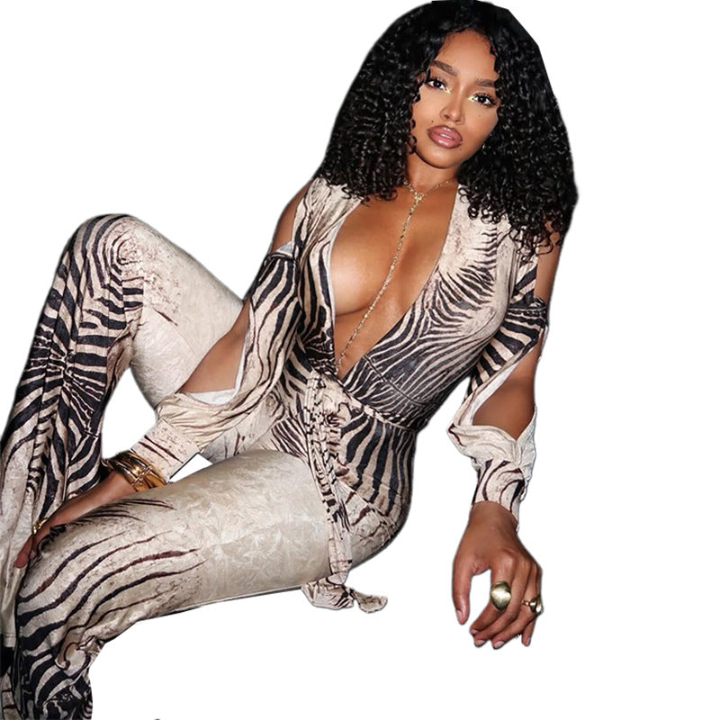 SXR autumn and winter deep V off-shoulder top high waist bootcut pants jumpsuit