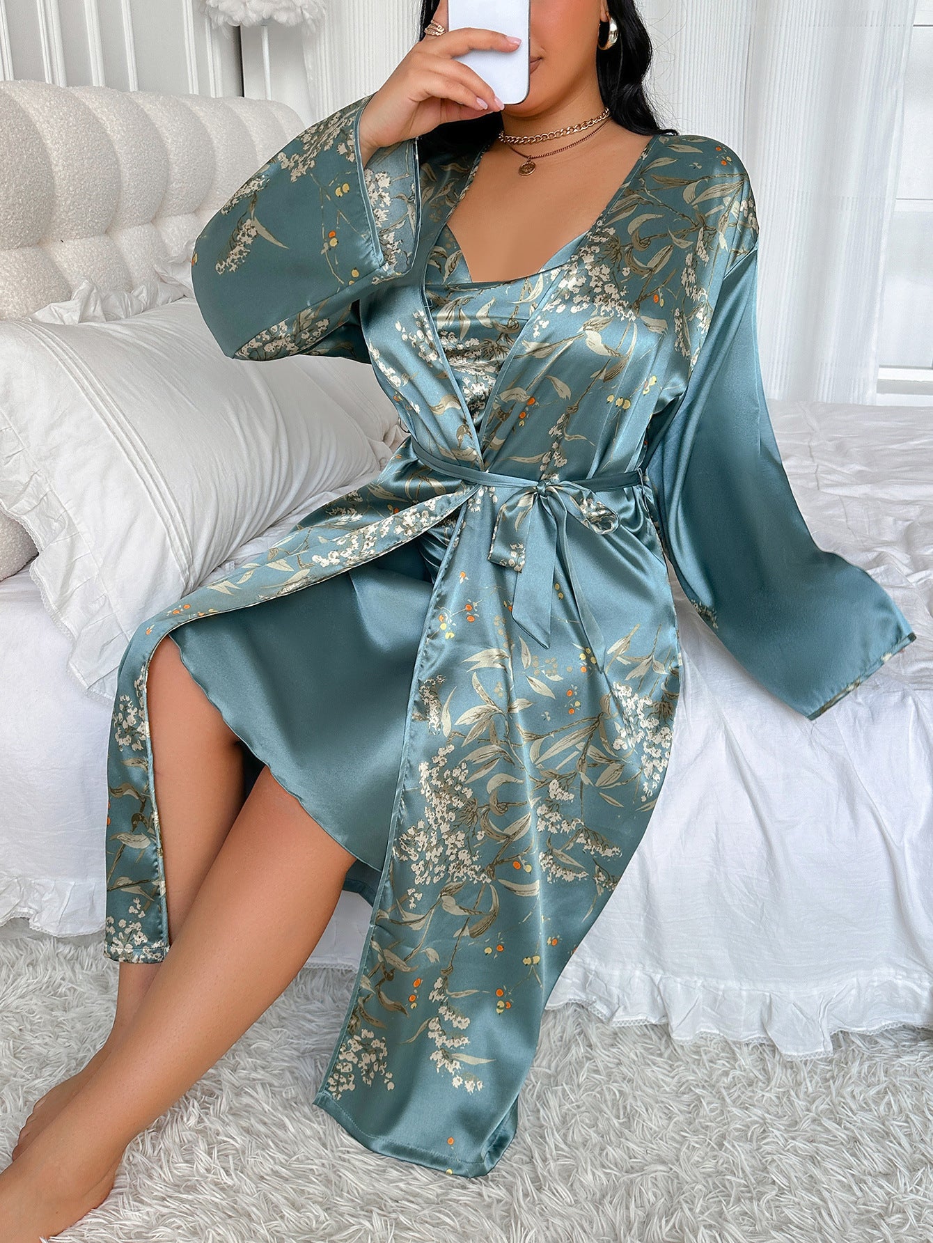 DNL spring large size bathrobe female printing emulation silk nightgown Ice Silk Silk