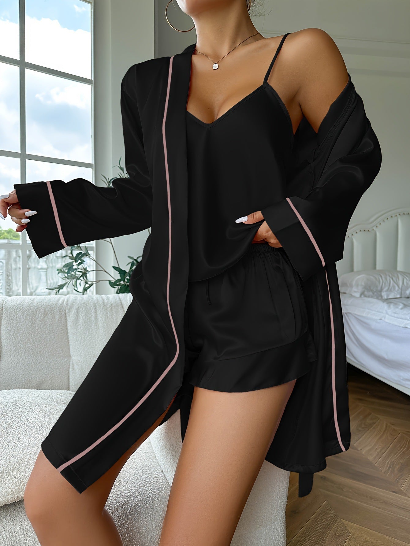 DNL Ice Silk suspender shorts nightgown three-piece set comfortable