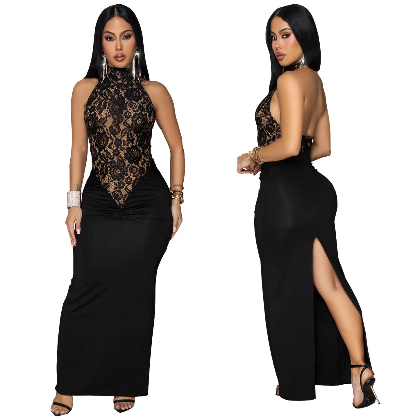 XYZ C7488 halter lace sleeveless split dress