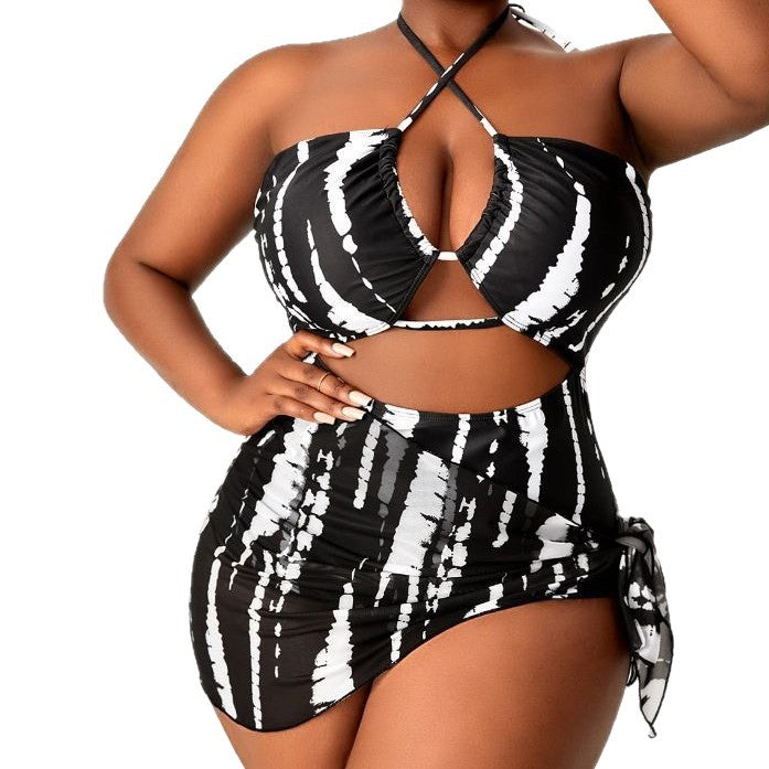 CL (L-4XL) bikini halter cut-out one-piece two-piece suit digital printing plus size swimsuit bikini