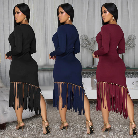 XYZ C7533 slim-fit round neck Tassel Hem Dress