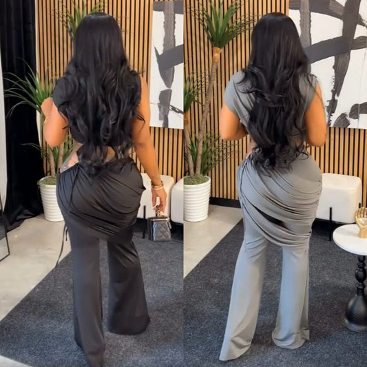 XYZ C7528 casual sleeveless midriff-baring top and trousers two-piece set