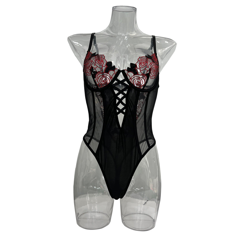 Sexy lingerie see-through mesh patchwork embroidered rose jumpsuit 1766