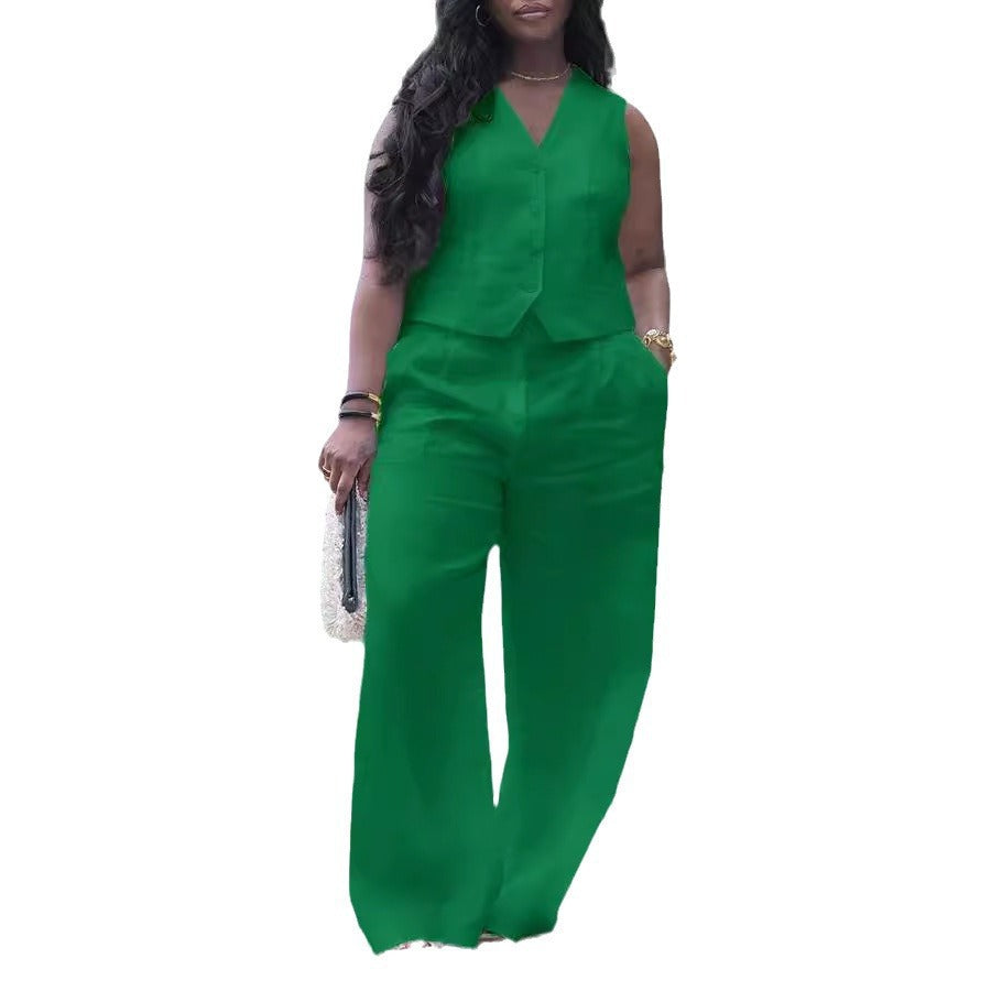 GY (S-3XL) S10896 V-neck vest wide leg pants suit