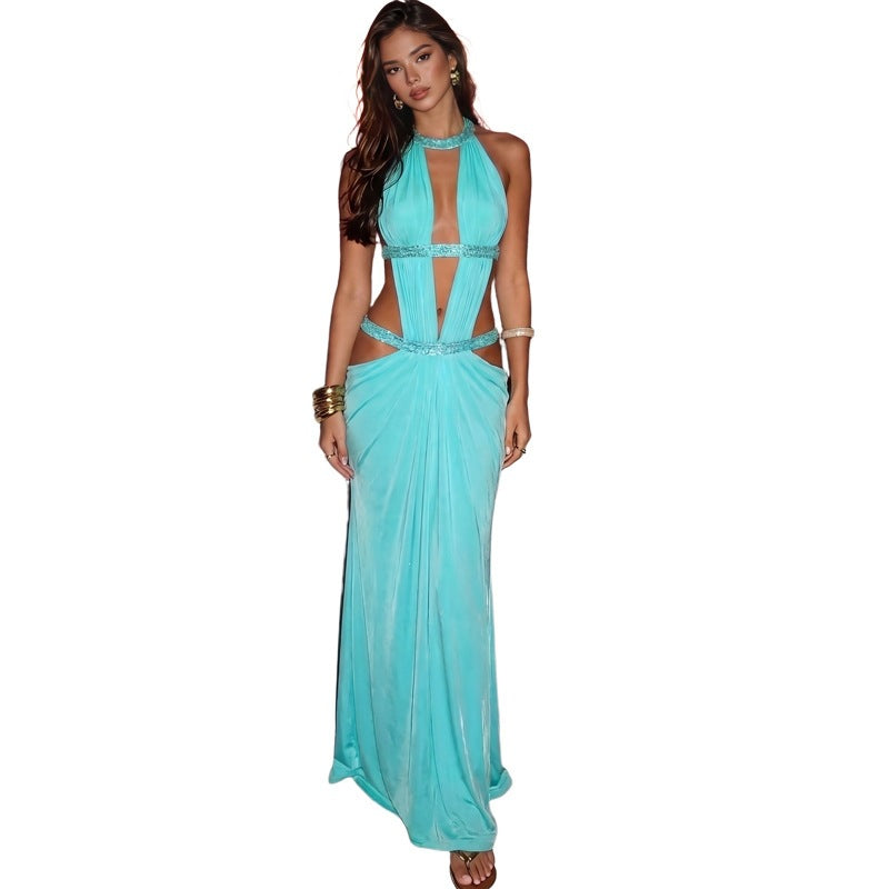 SXR K6D08280A summer sexy deep V navel pleated stitching dress