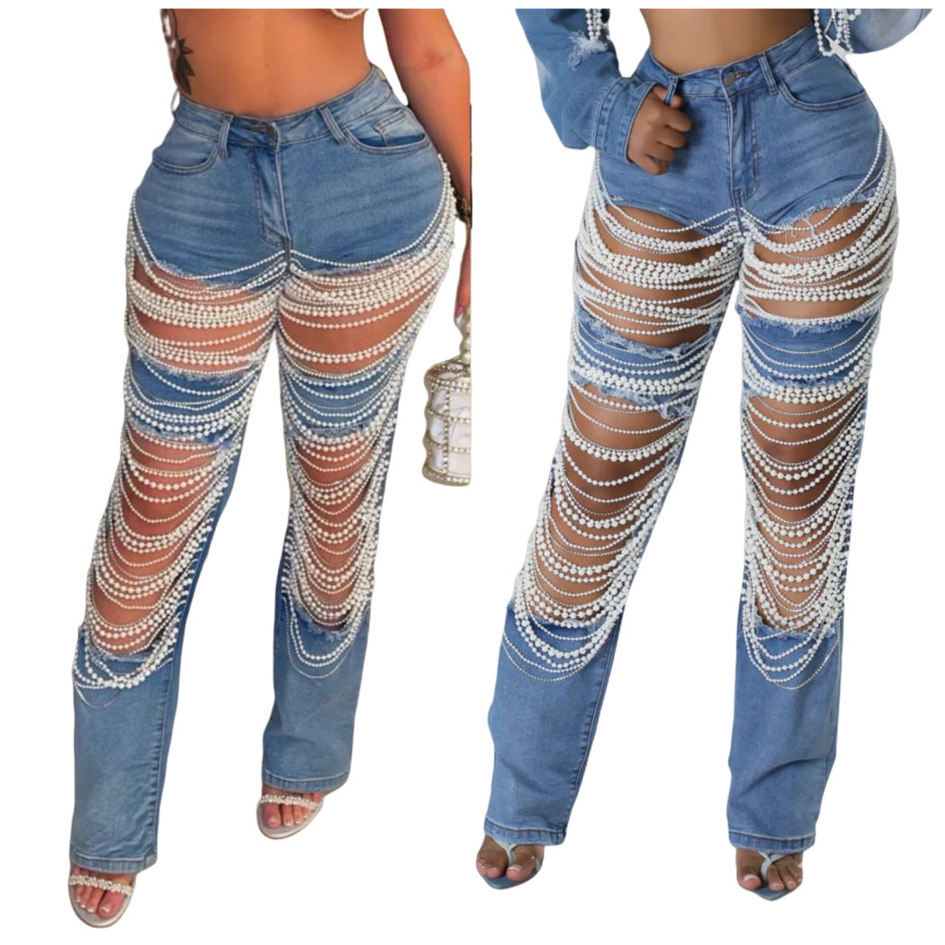 MZ (S-2XL) MZ88586 ripped pearl chain decorative jeans