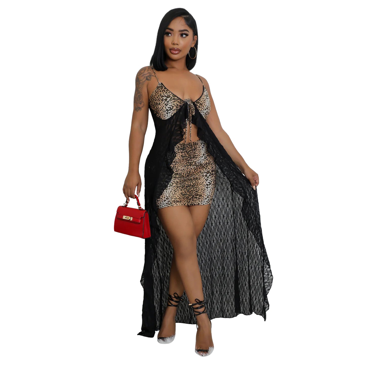 MYF (S-2XL) Sling lace leopard print skirt suit