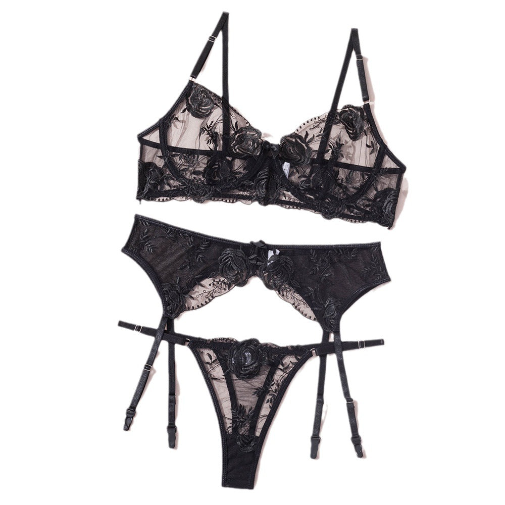 Sling steel ring see-through three-piece set embroidered flower sexy lingerie body shaping two-piece suits