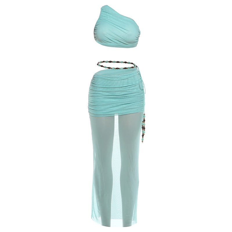 SXR K6S08523A summer cropped diagonal collar vest pleated dress suit