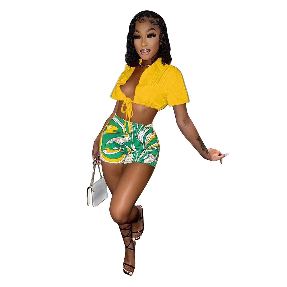 MZ (S-2XL) F88443 shirt lace-up shorts printed sports suit