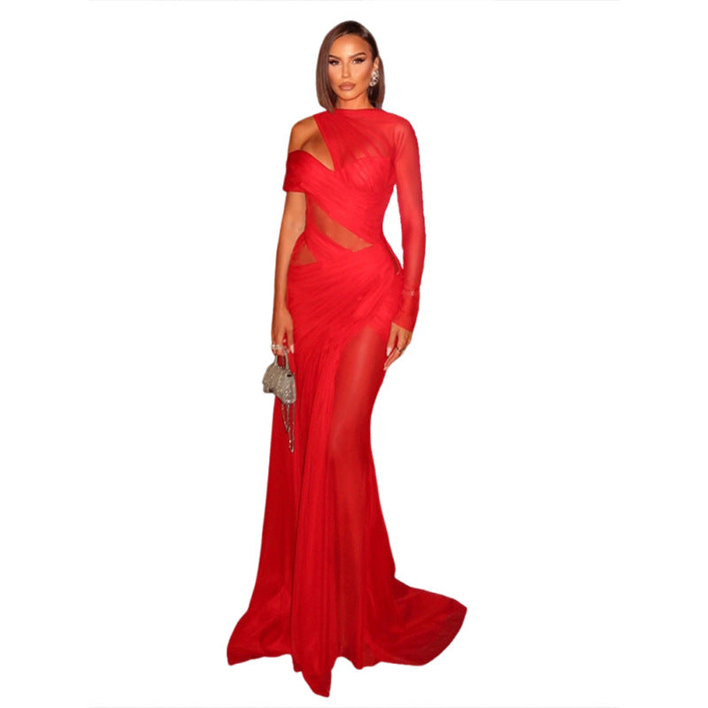 SXR autumn see-through off-the-shoulder irregular ribbon solid color dress