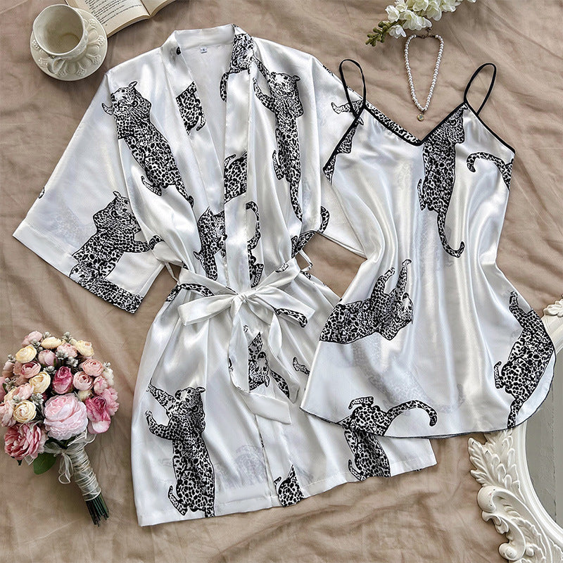 DNL imitated silk pajamas V-neck long slip nightdress two-piece pajamas suit