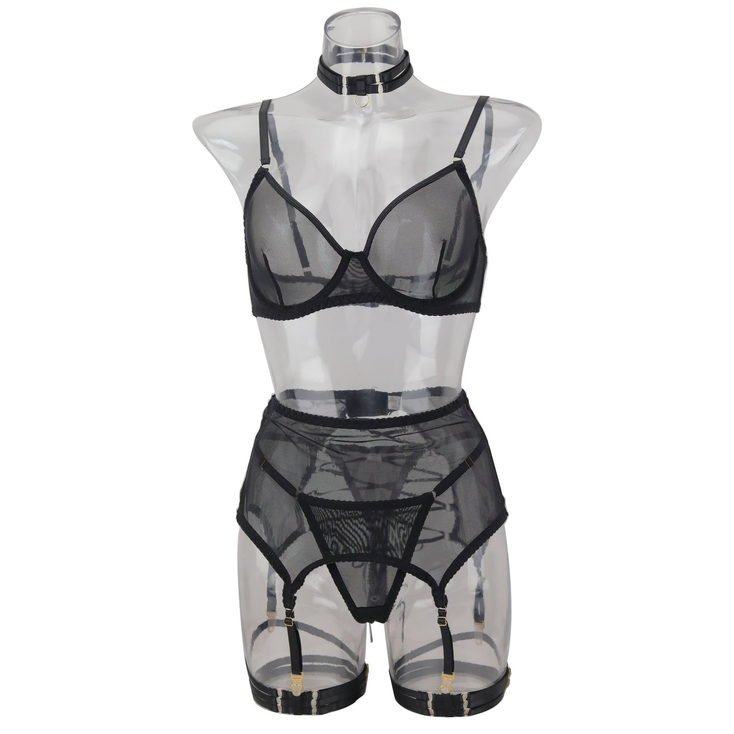 Black underwear mesh strap stitching see-through sexy lingerie set for women
