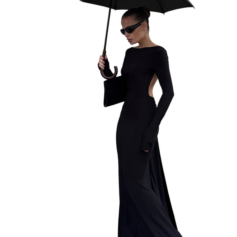 SXR fall winter fashion backless chain decoration long sleeve dress