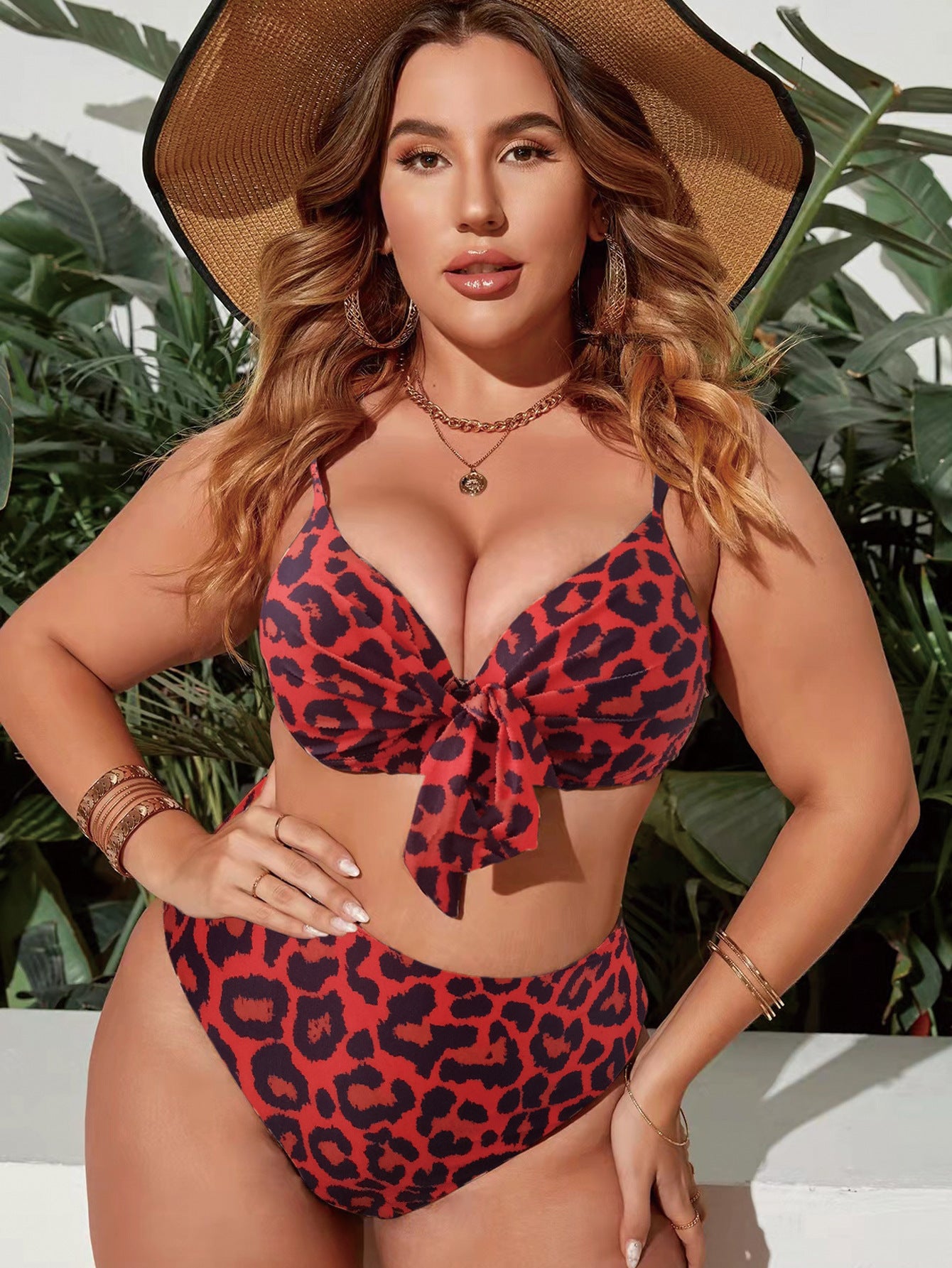 LF (L-4XL) women's split color printing swimsuit plus size