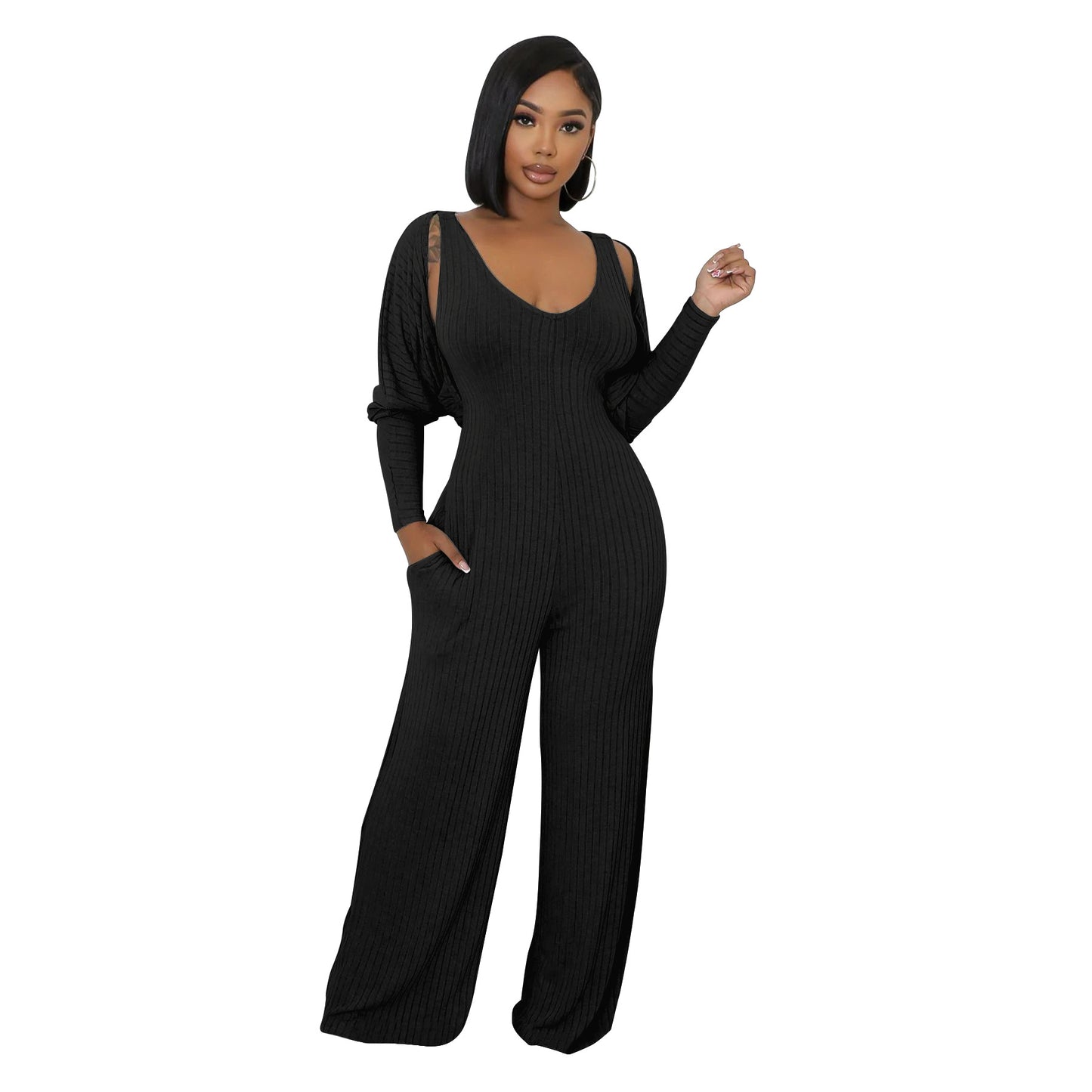 MYF (S-2XL) K10794 sunken stripe long sleeve vest jumpsuit