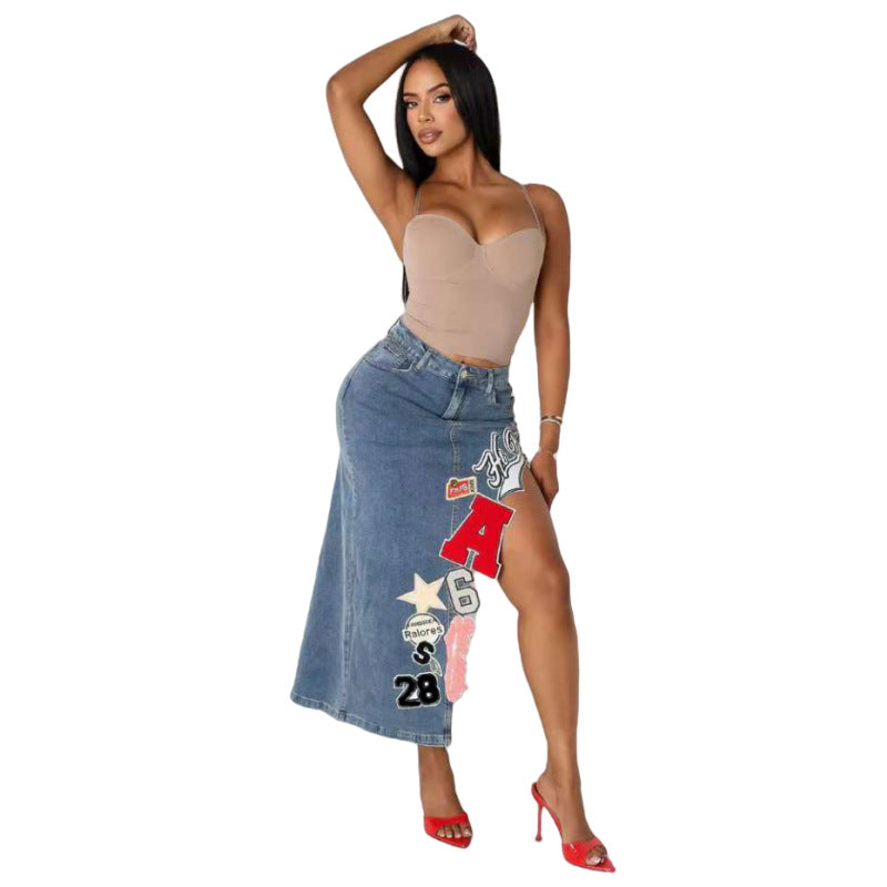MZ (S-2XL) embroidered cropped denim skirt MZ88657 vintage stretch letter embroidered dress
