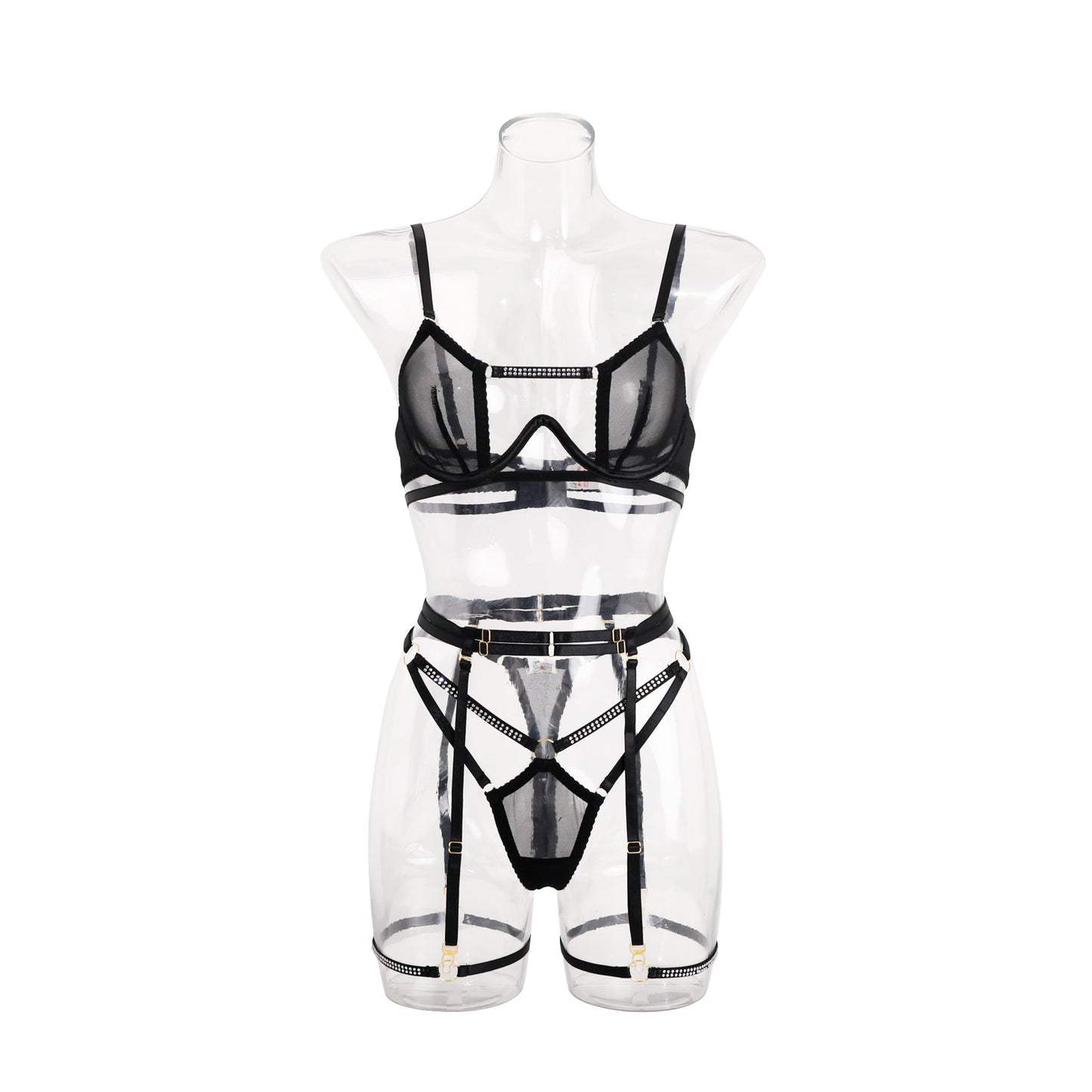 Ultra-thin see-through lace underwear women's lace-up sexy bra with steel bracket bra set
