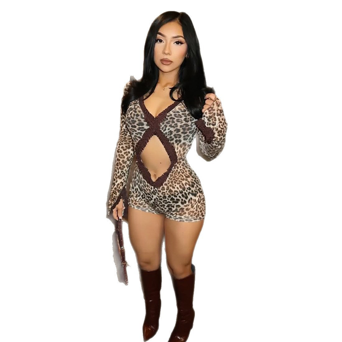 SXR 2026 spring tight navel hollow print see-through jumpsuit