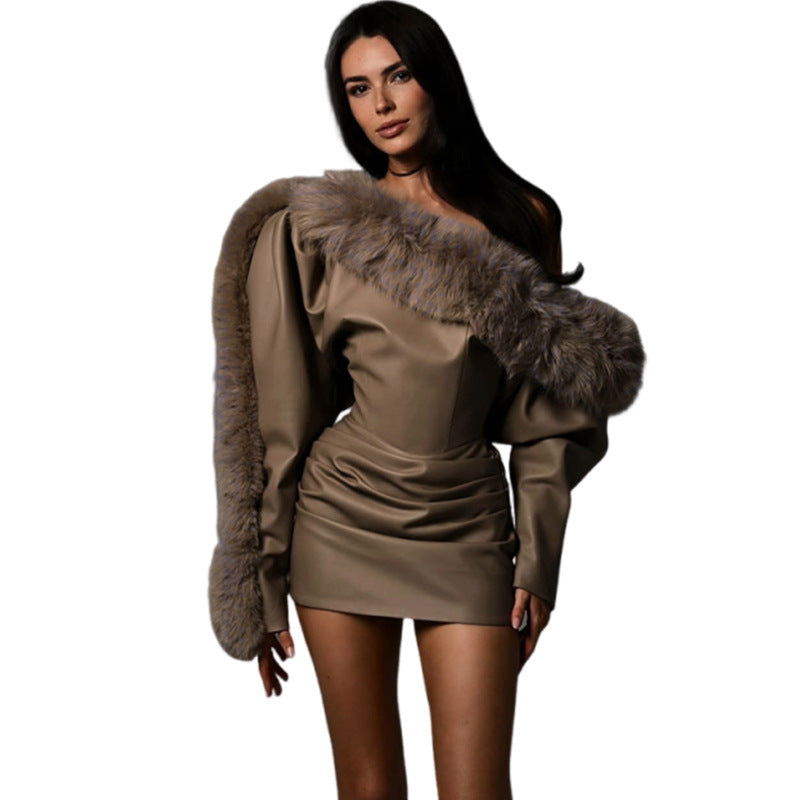 SXR fall winter fashion PU leather frayed waist sheath dress